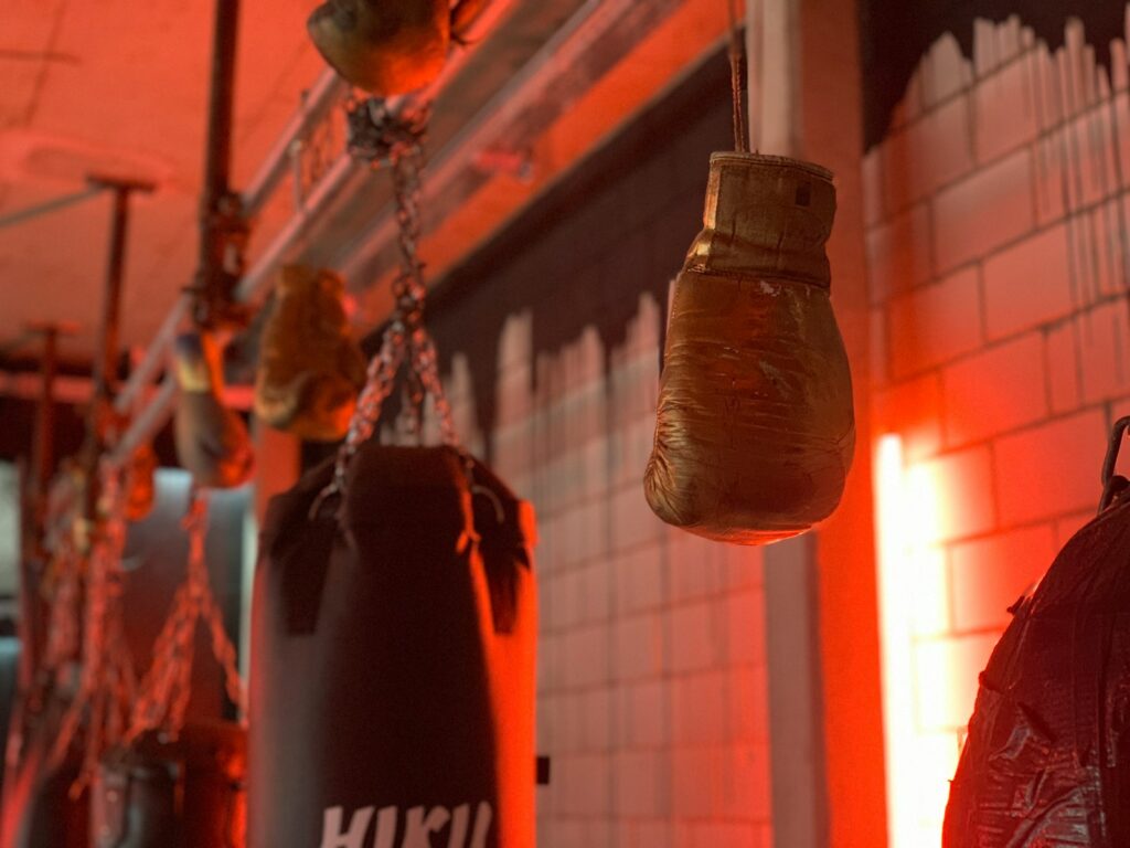 a pair of boxing gloves hanging from a hook