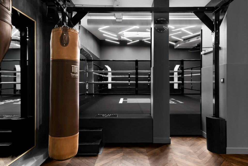 a boxing ring with a punching bag in the middle of it